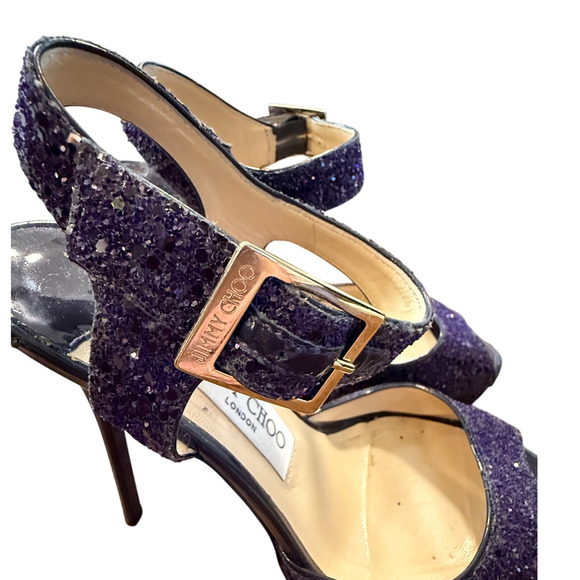 Jimmy Choo 6.5 Coarse Glitter Platform Sandals Stiletto Linda Heels Purple 36.5 - Picture 8 of 10